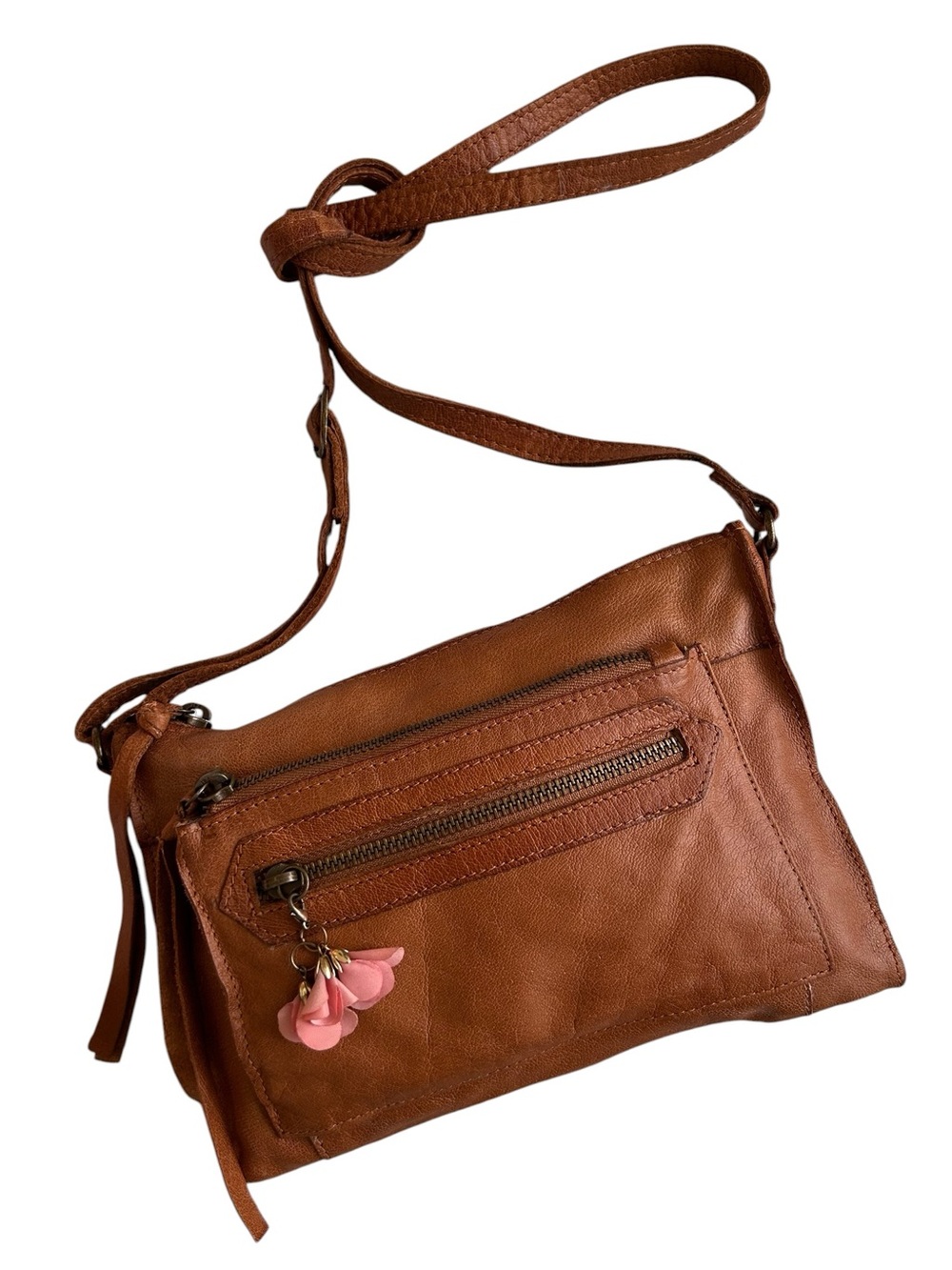 Rustic Leather Crossbody Bag - Tobacco Brown - Floral Charm  - by Day and Mood.